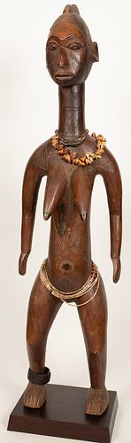 AFRICAN CARVED WOOD WITH BEADS STANDING FEMALE FIGURE H 42.5" W 11" D 9" 