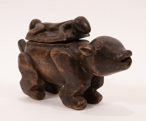 CHOKWE, AFRICAN, CARVED WOOD CONTAINER IN FORM OF QUADRIPED WITH TWO-HEADED LIZARD ON ITS BACK H 6" W 9.5" D 4" 