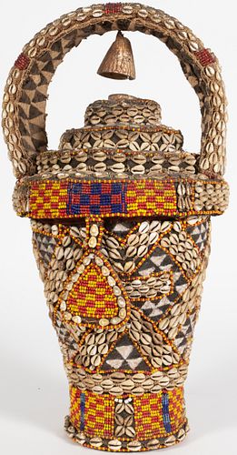 YORUBA, NIGERIA. AFRICAN, LINEN, BEADING, EMBROIDERY AND COWRIE SHELLS CEREMONIAL HANDLED BASKET H 21" DIA 10" 