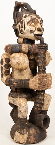  IBO, NIGERIA, AFRICAN, POLYCHROME CARVED WOOD FIGURE WITH PIPE, 19TH C. H 29.5" W 10.75" D 11" 