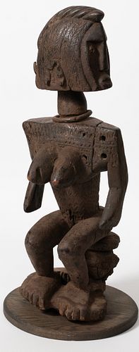 AFRICAN CARVED WOOD SEATED FEMALE FIGURE, H 16", W 8 1/2", D 5 1/4" 