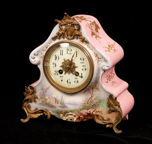 JAPY FRERES, FRENCH PORCELAIN & BRONZE MANTEL CLOCK, C 1880, H 10", W 9.5"