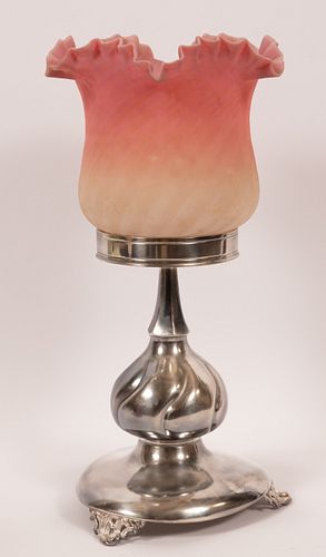 AMERICAN BURMESE ROSE-PINK & WHITE ART GLASS SHADE RUFFLE RIM S.P. VICTORIAN STAND HALL MARKED 1830- H 15.5" O/A SIZE DIA   8" 