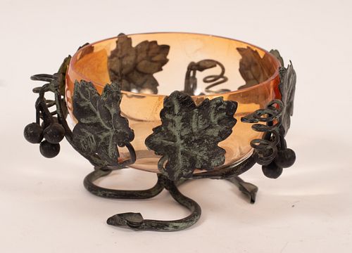 AMERICAN GRAPE & LEAF METAL STAND AND  AMBERINA CENTER PIECE  H 3" DIA 5.5" 