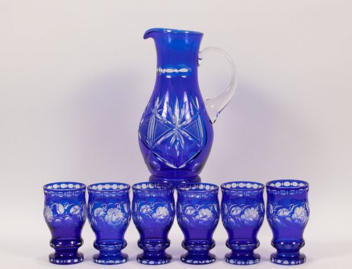 COBALT OVERLAY CRYSTAL WATER PITCHER AND 6 TUMBLERS H 12", 5.5" 