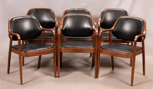 DON PETTIT,  KNOLL MODERN FURNITURE DESIGN  LAMINATED WALNUT, LEATHER,  DINING ARMCHAIRS 1970-2000 SET OF SIX H 32", W 22"