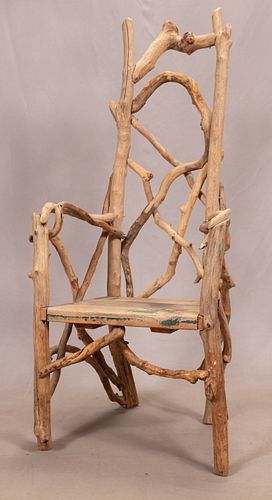 BEN FORGEY, CHAIR, REPURPOSED WOOD & BRANCHES H 53" W 22" 