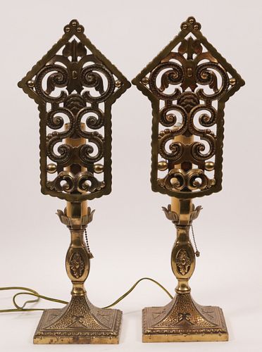 BRASS TABLE LAMPS, C. 1930, PAIR, H 20", W 5.5" 