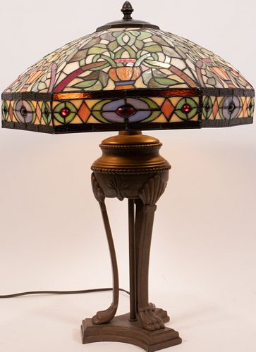 MODERN LEADED SLAG GLASS LAMP, H 24", DIA 20" 