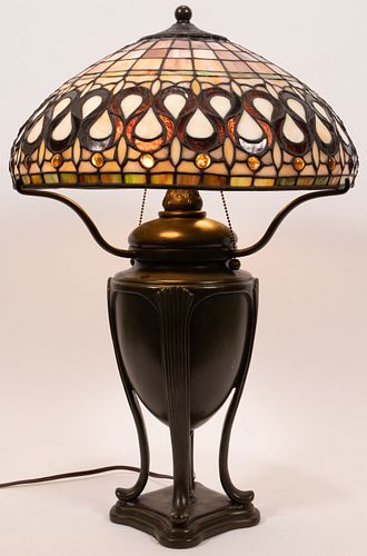 MODERN LEADED SLAG GLASS LAMP, H 26", DIA 16"