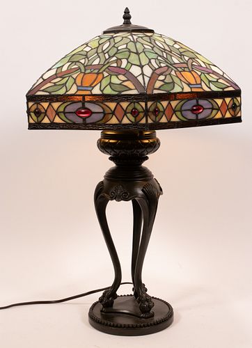 MODERN LEADED SLAG GLASS LAMP, H 27", DIA 20"