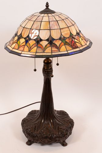 MODERN LEADED SLAG GLASS LAMP, H 30", DIA 18"