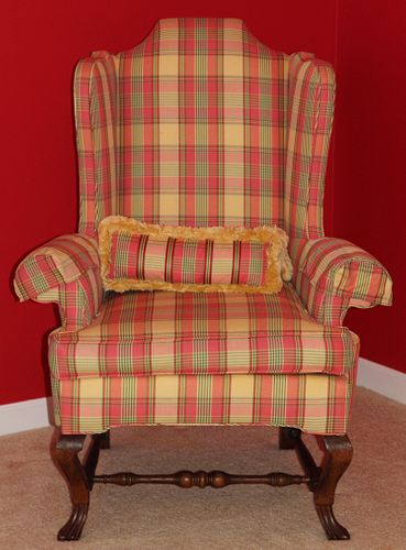 WALNUT AND UPSOLSTERY WING BACK CHAIR H 47" W 36" 