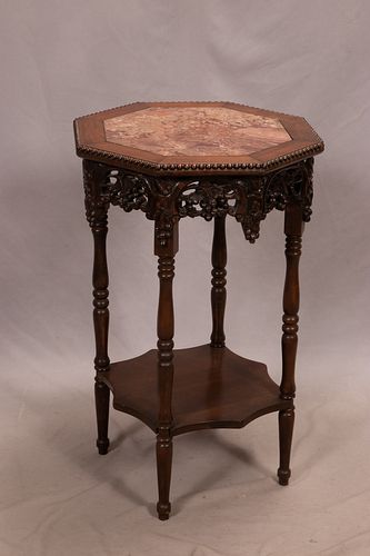 CARVED TEAKWOOD INSET MARBLE TOP TABLE C 1920, H 31" DIA 19" 