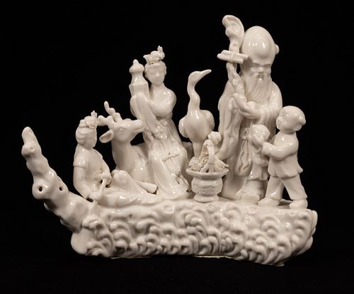 CHINESE WHITE PORCELAIN FIGURE GROUP H 9" W 11" 