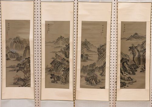 CHINESE SCROLL PAINTINGS, FOUR H 24" W 9" 