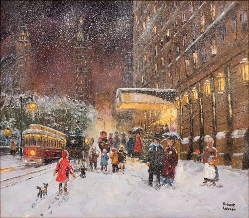 ROBERT LEBRON, AMER.(1928-13) OIL ON CANVAS 20TH C. H 20" W 24" FRONT OF 59TH ST. PLAZA HOTEL, HOLIDAY TIME, NYC 