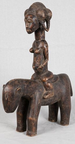 IVORY COAST, AFRICAN  WOOD WITH PIGMENT, NUDE FEMALE ON ANIMAL, H 19.25", W 6", L 15" 