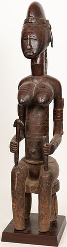 AFRICAN CARVED WOOD NUDE SEATED FEMALE FIGURE H 40" W 8" D 9.5" 