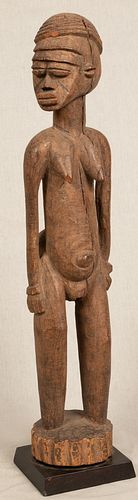DEMOCRATIC REPUBLIC OF CONGO, AFRICAN, CARVED WOOD STANDING NUDE FEMALE FIGURE, H 21", W 4.5", D 4" 