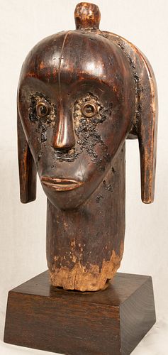 AFRICAN, GABON, FANG POLYCHROME CARVED WOOD RELIQUARY FIGURE H 16.5", W 8.25", D 10" 