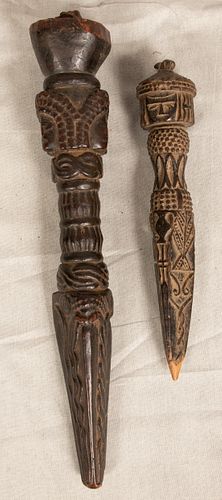 AFRICAN CARVED WOOD POINTED SPEAR FORMS 19TH.C. TWO L 12", 8" 