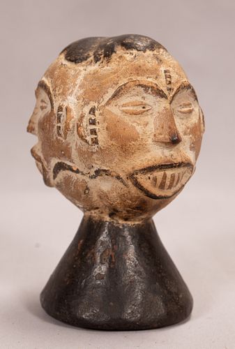 IBO, NIGERIA, AFRICAN, CARVED WOOD AND PIGMENT, DANCE CREST (THREE FACES) H 6.7" DIA 4.2" 