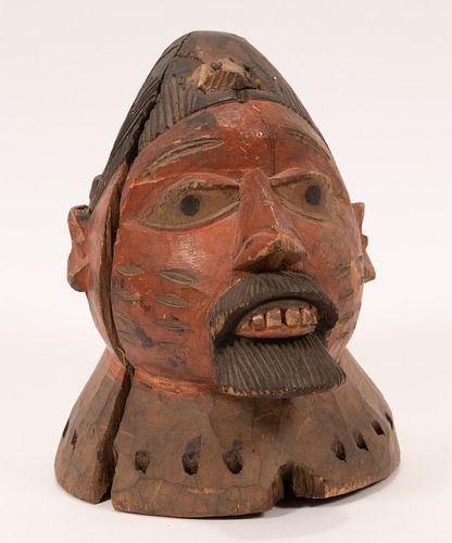 AFRICAN POLYCHROME CARVED WOOD HEAD H 8.5" DIA 7" 