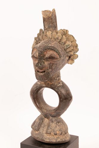 SONGYE, CONGO, AFRICAN WOOD AND METAL POWER FIGURE H 14" W 5" DIA 5" 
