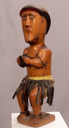 AFRICAN POLYCHROME CARVED WOOD MALE FIGURE H 26" W 7" D 8" 