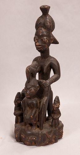 IVORY COAST, AFRICAN, CARVED WOOD STANDING FEMALE FIGURE WITH YOUNG FIGURE SEATED H 17.25" W 6.5" D 6.5" 