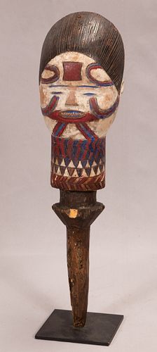 AFRICAN POLYCHROME CARVED WOOD HEAD H 20.25" W 5.25 