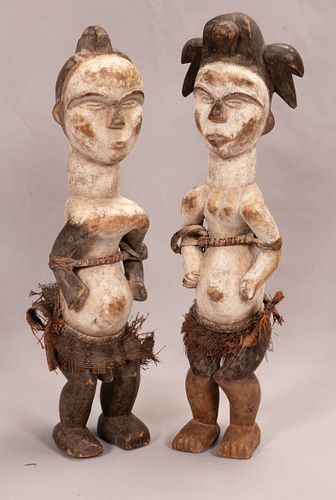 IGBO, NIGERIA, AFRICAN, WOOD, PIGMENT, RAFFIA AND CANE BARK, SCULPTURES, PAIR, H 23" W 6" 