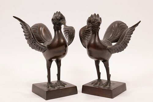 CHINESE BRONZE ROOSTERS, 20TH C, PAIR, H 8", W 6"