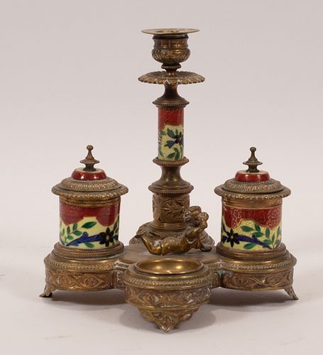 GILT BRONZE & CLOISONNE STYLE INKWELL, EARLY 20TH C, H 7.5", W 7"
