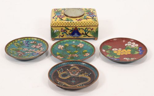 CHINESE CLOISONNE DISHES & BOX, 19TH.C. 5 PCS, W 3.75"-4" 