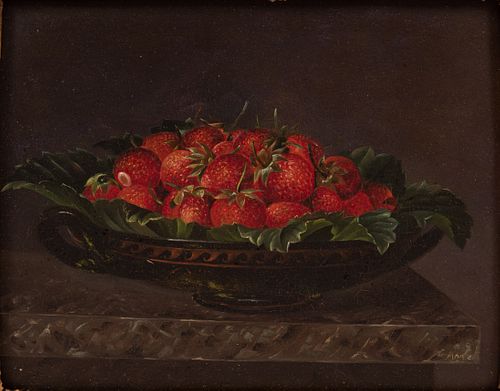 A.M. OIL ON MAHOGANY PANEL, 19TH C, H 7", W 9.5", STRAWBERRIES 