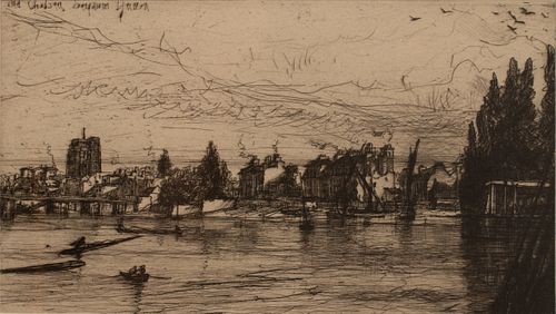SEYMOUR HADEN (BRITISH, 1818–1910), ETCHING, DRYPOINT AND PLATE TONE ON BUFF PAPER, 1865 H 4.25" W 7.5" OLD CHELSEA 