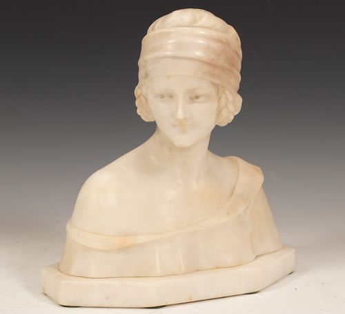 CARVED ALABASTER BUST, H 9.5", W 9", YOUNG MAIDEN 