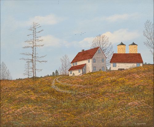 JOHN LEWIS EGENSTAFER, B 1943, OIL ON CANVAS, H 20", W 24", FARM HOUSE 