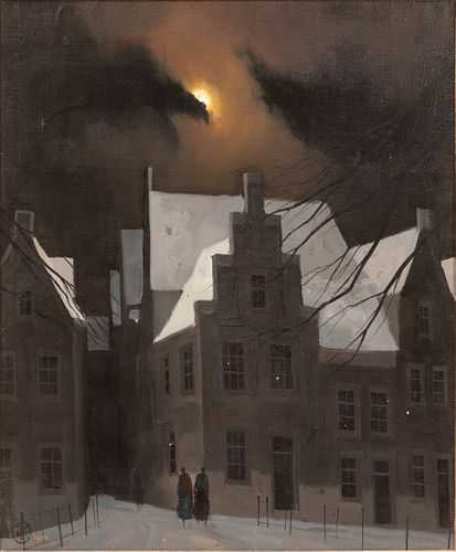 H. KOSTER, DANISH, OIL ON CANVAS, H 24", W 20", NIGHT CITYSCAPE 