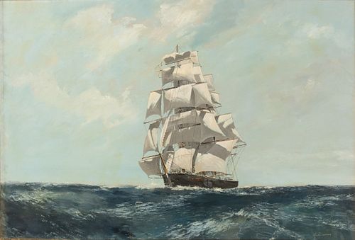 SCOTT DUNCAN (AMER, 20TH C), ACRYLIC ON CANVAS, H 24", W 36", CLIPPER SHIP 