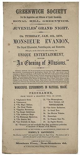Monsieur Evanion The Royal Illusionist, Ventriloquist, and Humorist programme.