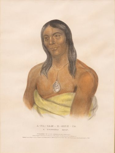 MCKENNY & HALL HAND COLORED LITHOGRAPH, H 15" W 11" CHIPPEWA CHIEF 
