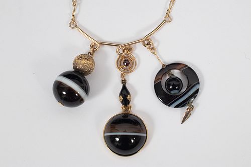 14KT YELLOW GOLD AND ONYX NECKLACE, L 16", T.W. 16 GR 