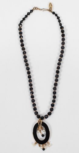 VINTAGE ONYX AND PEARL NECKLACE, L 14", T.W. 19.3 GR 