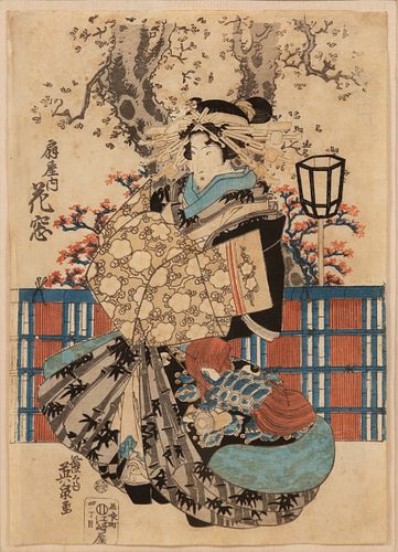 JAPANESE WOODBLOCK PRINT C. 1850 H 14.5" W 10" GEISHA 