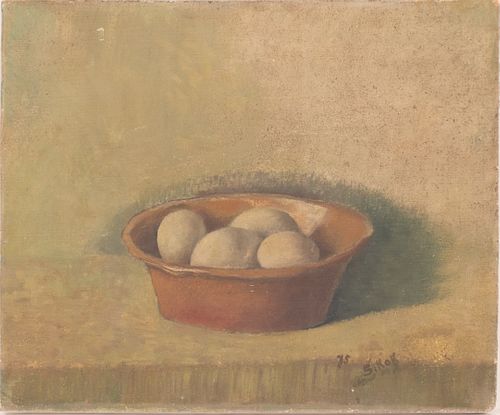 SIGNED SIKOR, OIL ON MASONITE 1975, H 10" W 12" BOWL OF EGGS 