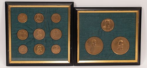 "AMERICAN HEROES" BRONZE MEDALLIONS, 12 IN TWO FRAMES H 11'' W 13" 
