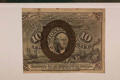U.S CERT. .10C FRACTIONAL PAPER CURRENCY #50 BRONZE OVAL OVER WASHINGTON PORTRAIT 1863 (10) H 7" W 10" 